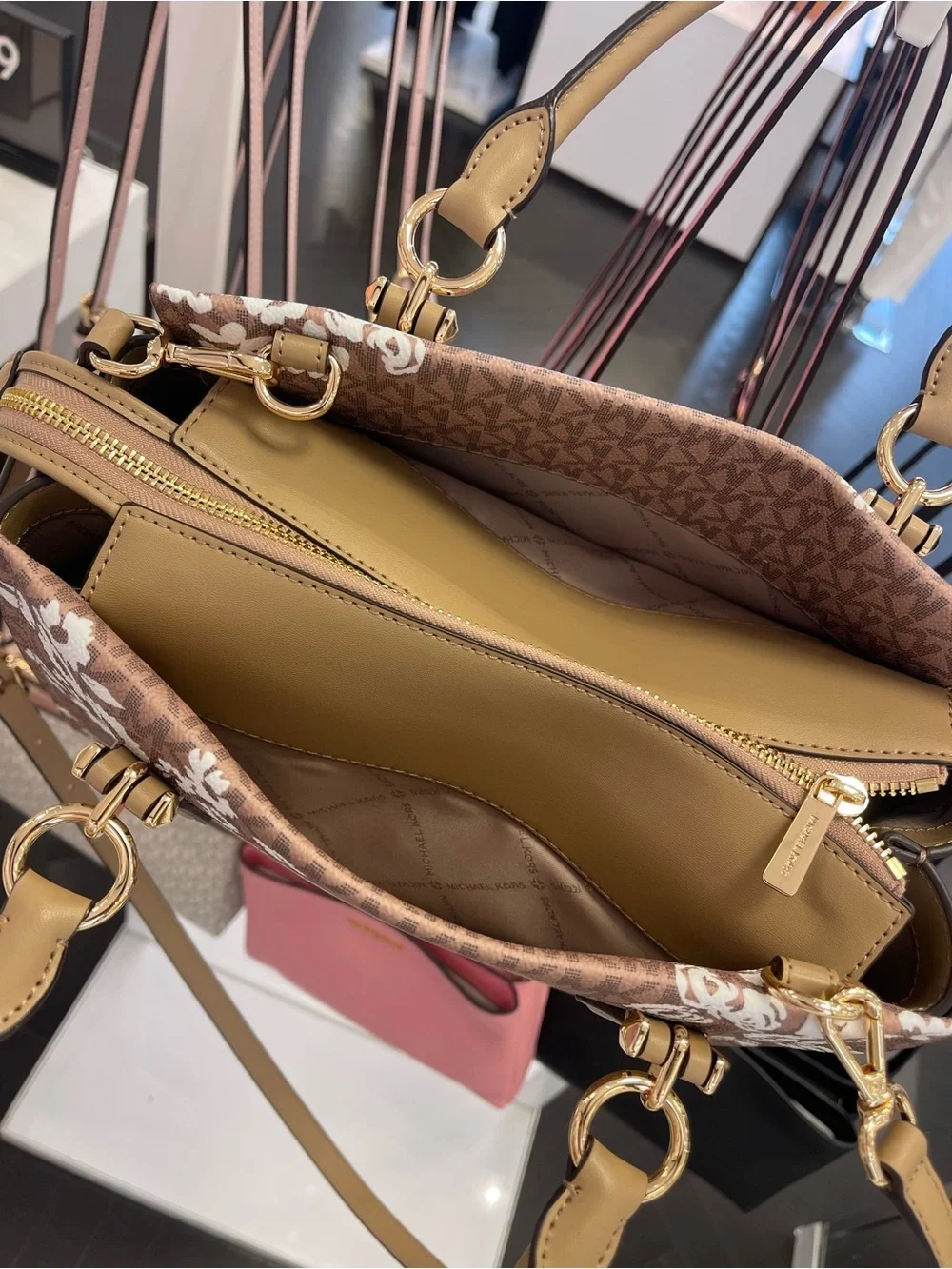 MICHAEL KORS Marilyn Medium Printed Signature Logo Satchel Crossbody  CAMEL NWT